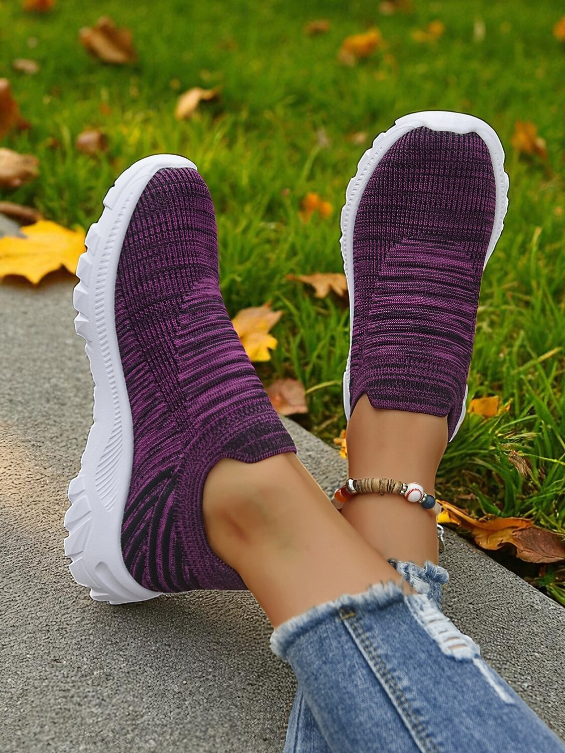 Women's Lightweight Knit Slip-On Walking Sneakers — Dark Purple slip-ons from above