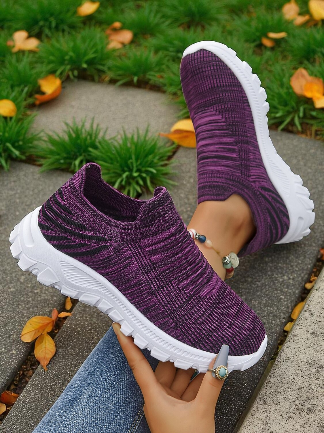 Women's Lightweight Knit Slip-On Walking Sneakers — Dark Purple shoe texture and sole