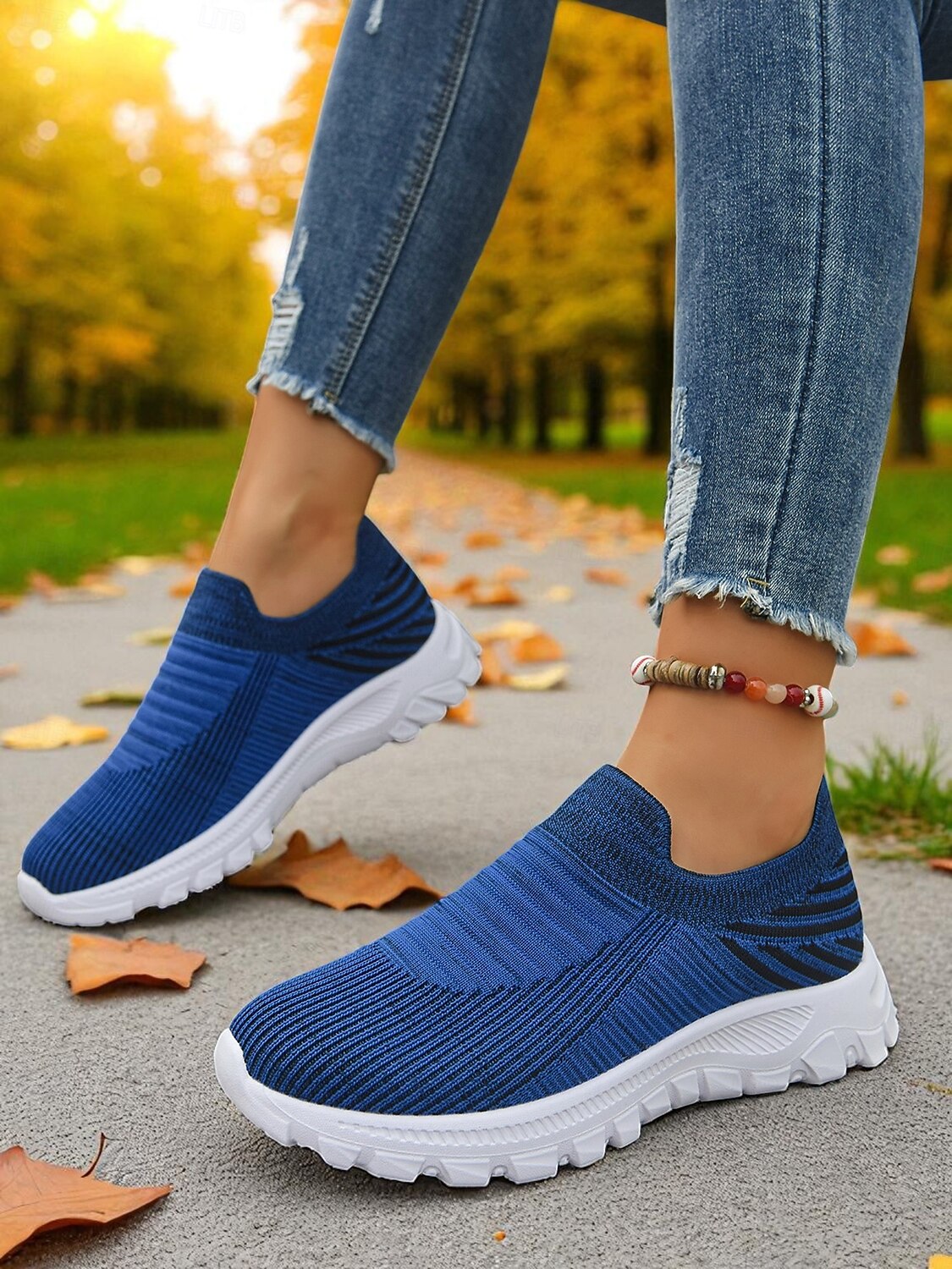 Women's Lightweight Knit Slip-On Walking Sneakers — Blue pair on foot