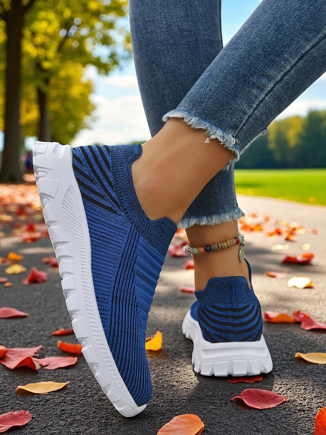 Women's Lightweight Knit Slip-On Walking Sneakers — Blue shoe side view