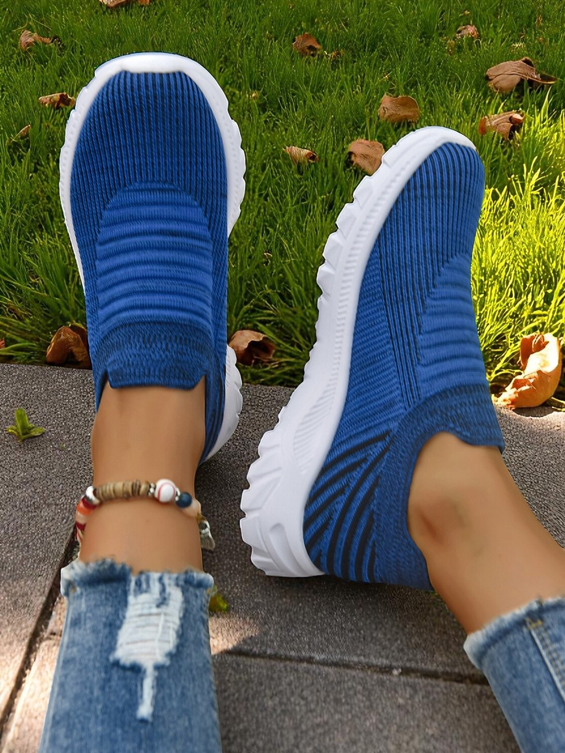 Women's Lightweight Knit Slip-On Walking Sneakers — Blue slip-ons from above