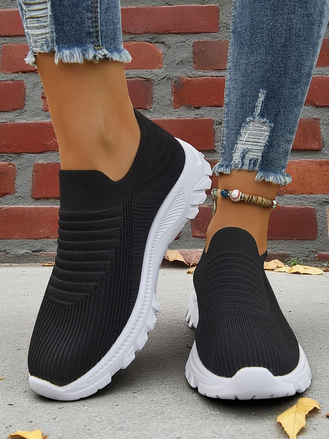 Women's Lightweight Knit Slip-On Walking Sneakers — Black walking shoe side view