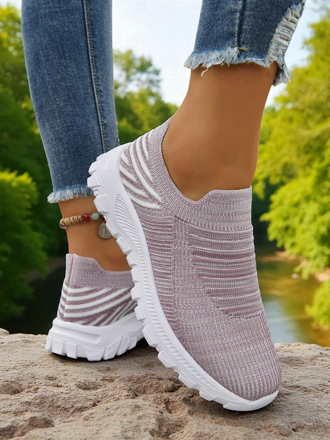 Women's Lightweight Knit Slip-On Walking Sneakers — Light Purple side view