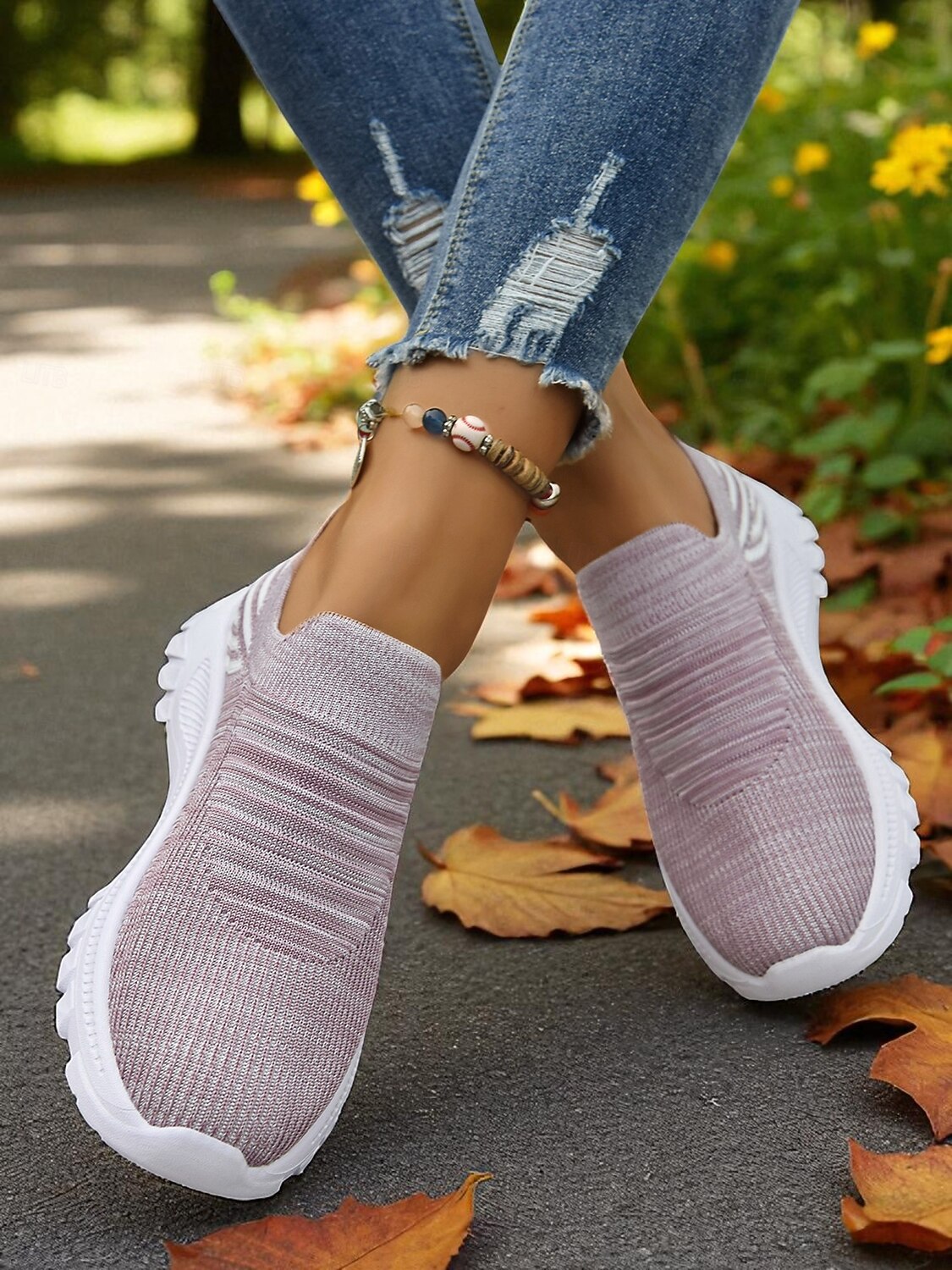 Women's Lightweight Knit Slip-On Walking Sneakers — Light Purple pair on foot