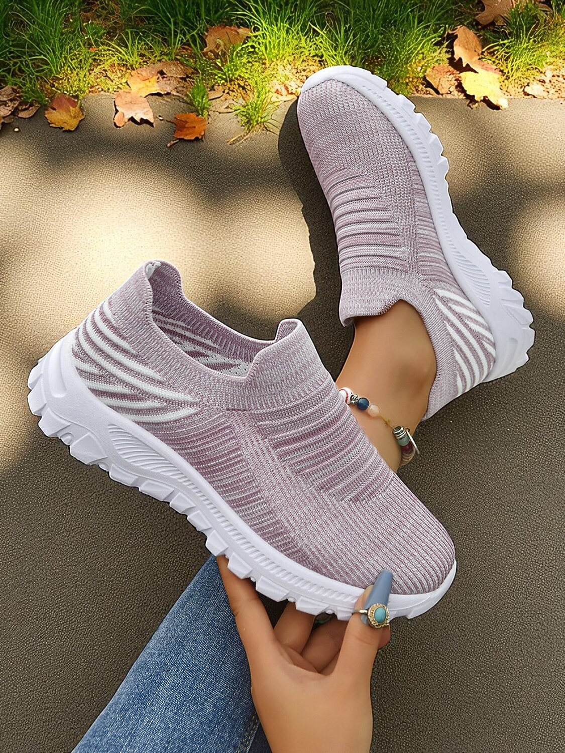 Women's Lightweight Knit Slip-On Walking Sneakers — Light Purple slip-ons from above