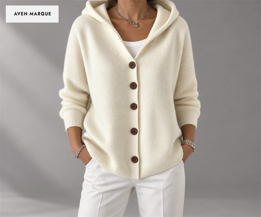 Beige hooded five-button cardigan, front view