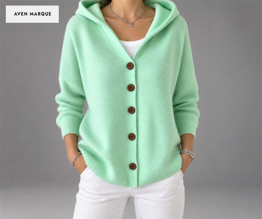 Green hooded five-button cardigan, front view