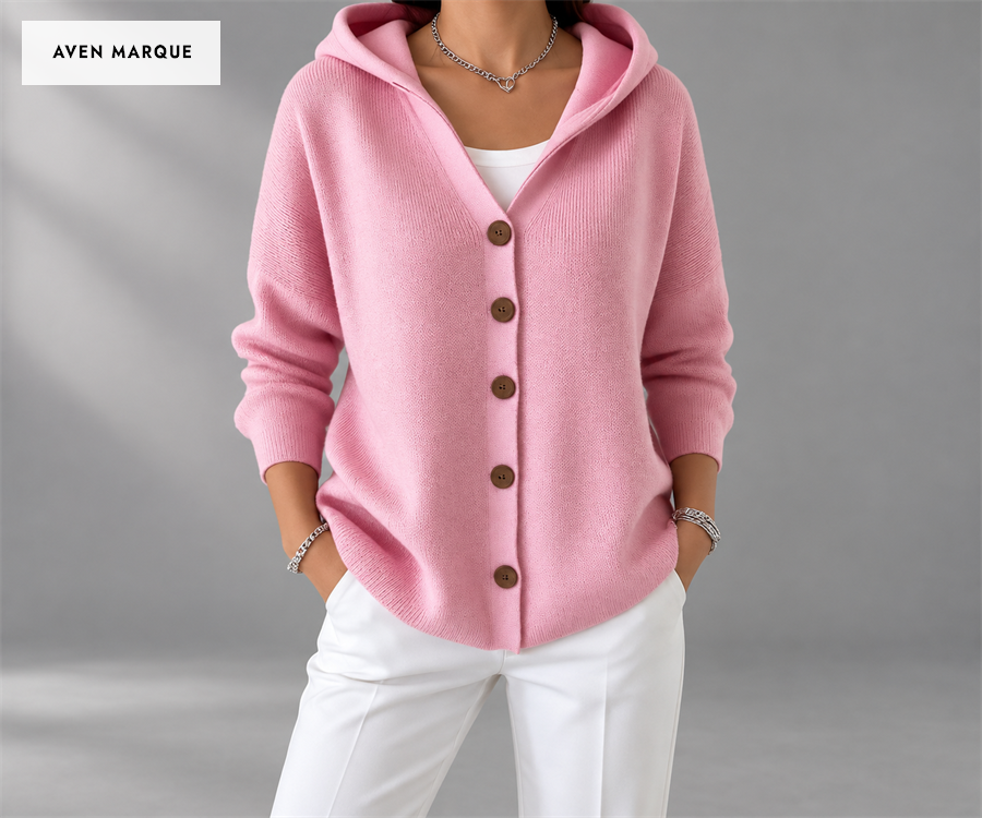 Pink hooded five-button cardigan, front view