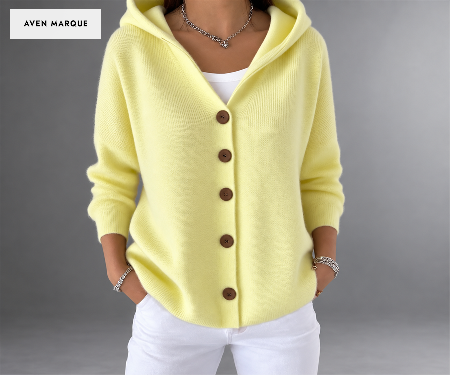 Yellow hooded five-button cardigan, front view