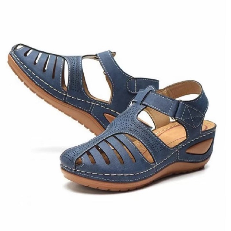 Navy adjustable cutout wedge sandals