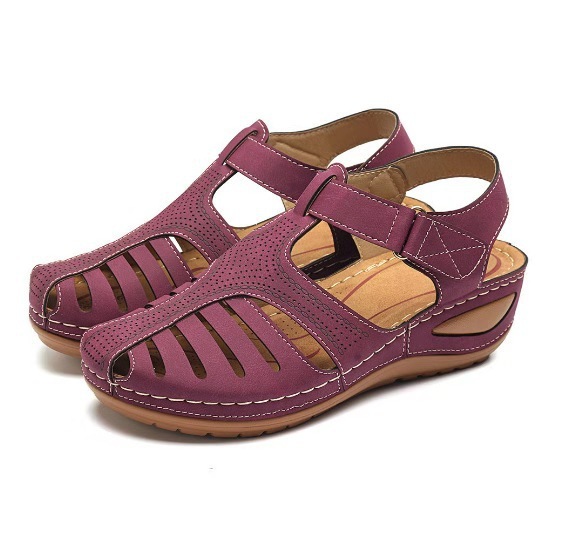 Wine adjustable cutout wedge sandals