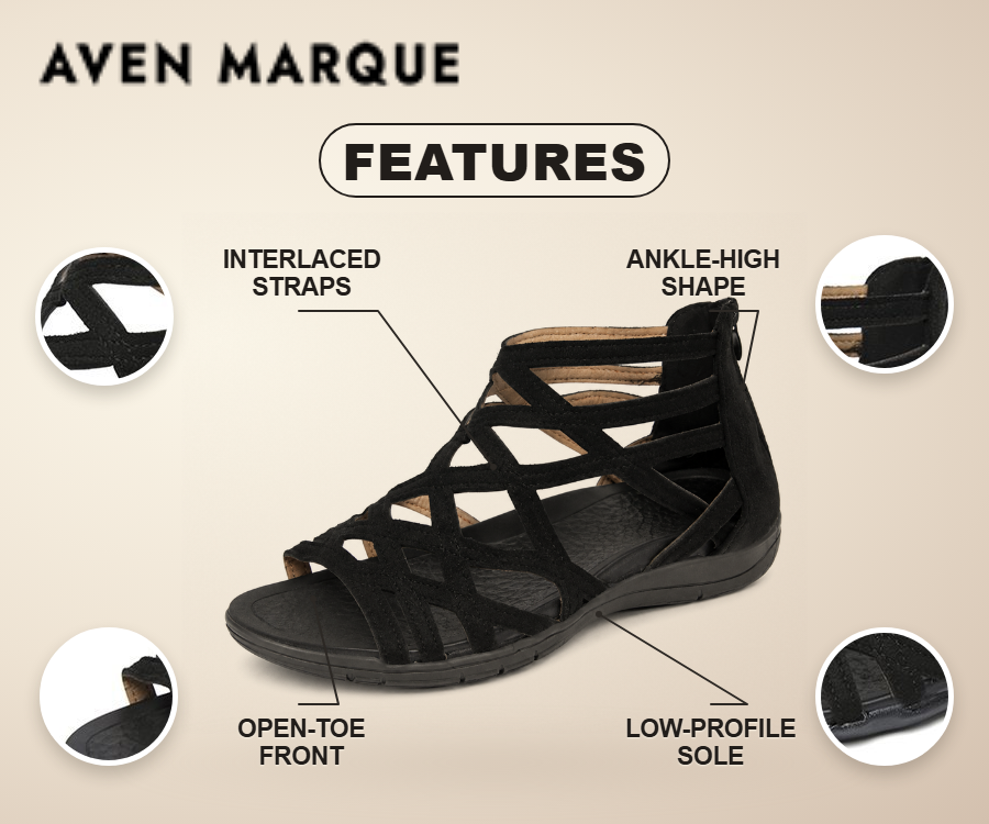 Black multi-strap gladiator sandal showing interlaced straps, ankle-high back, open toe and low-profile sole
