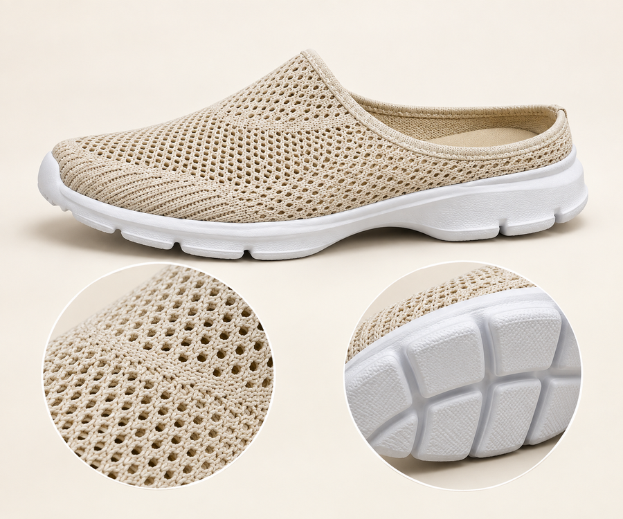 Beige knit mule with upper and sole details
