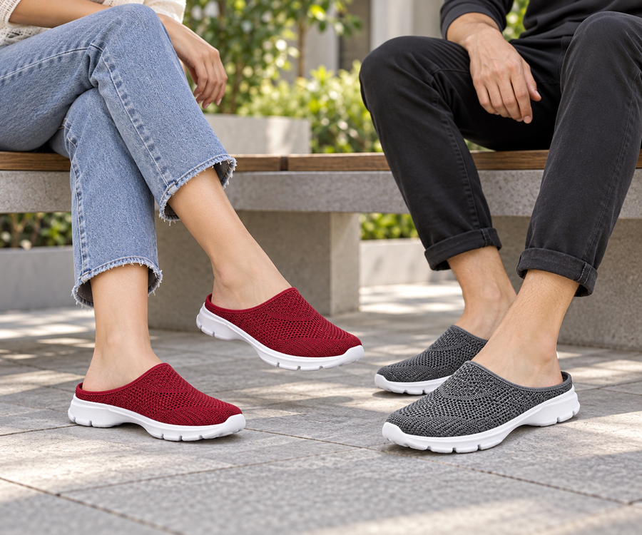 Red and Gray knit mules in an outdoor lifestyle setting