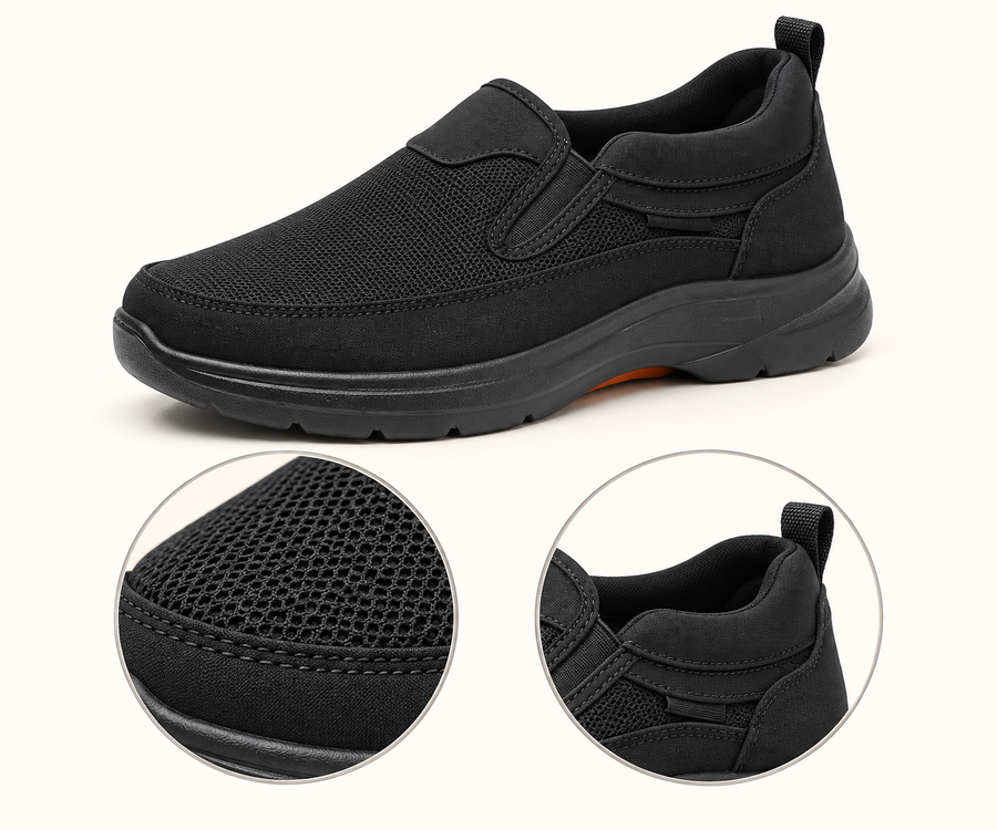Black mesh slip-on sneaker with material details