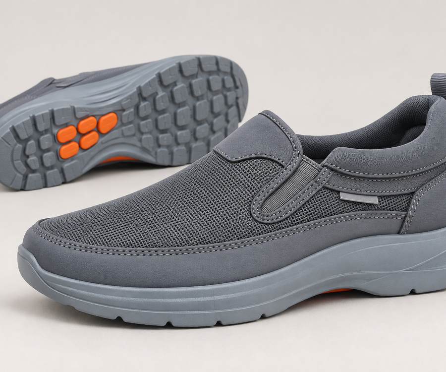 Grey mesh slip-on sneaker with outsole view