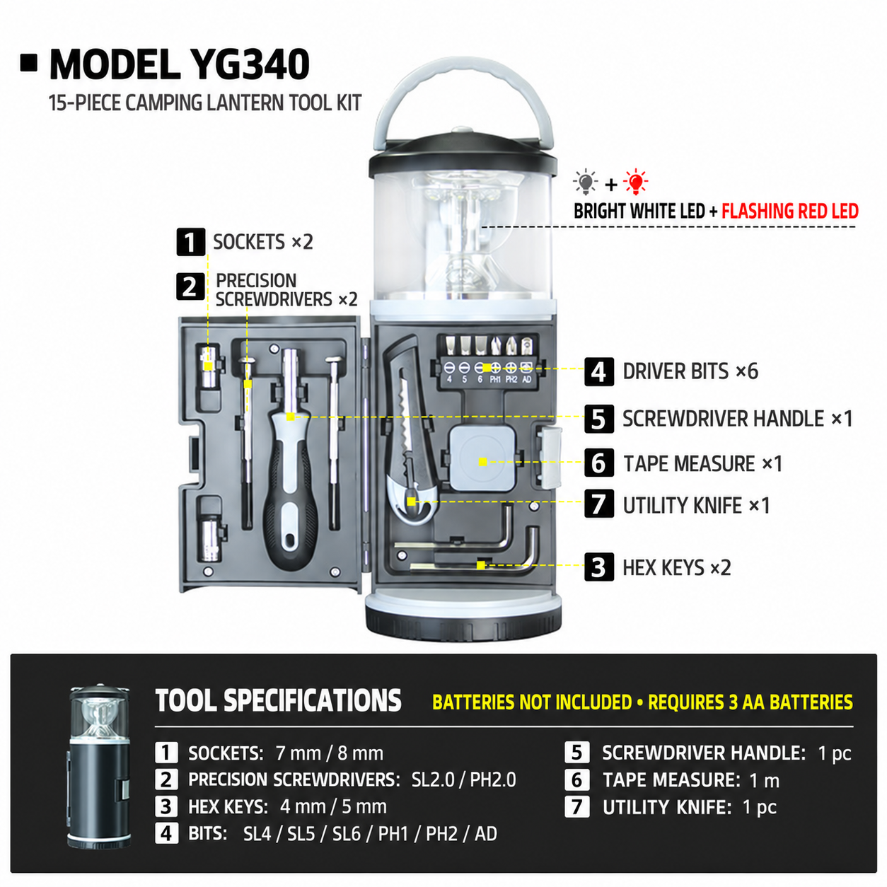 15-piece lantern tool kit with sockets, drivers, bits, tape measure, utility knife and hex keys