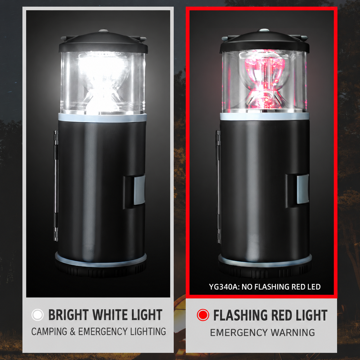 Bright white lantern light and flashing red emergency light