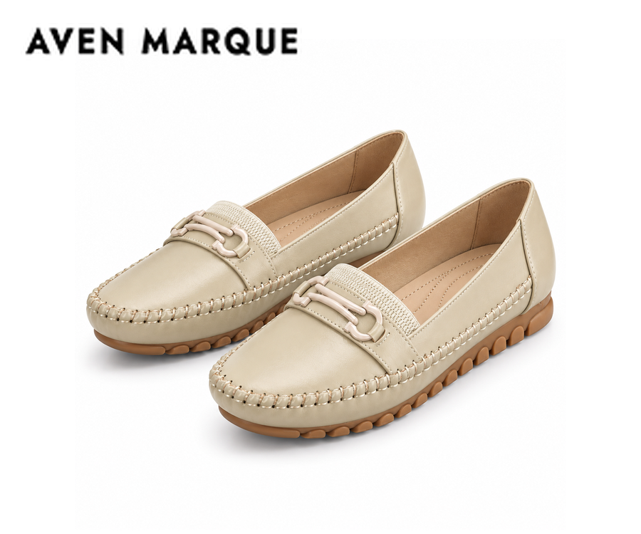 Beige women's metal-accent moc-toe loafers