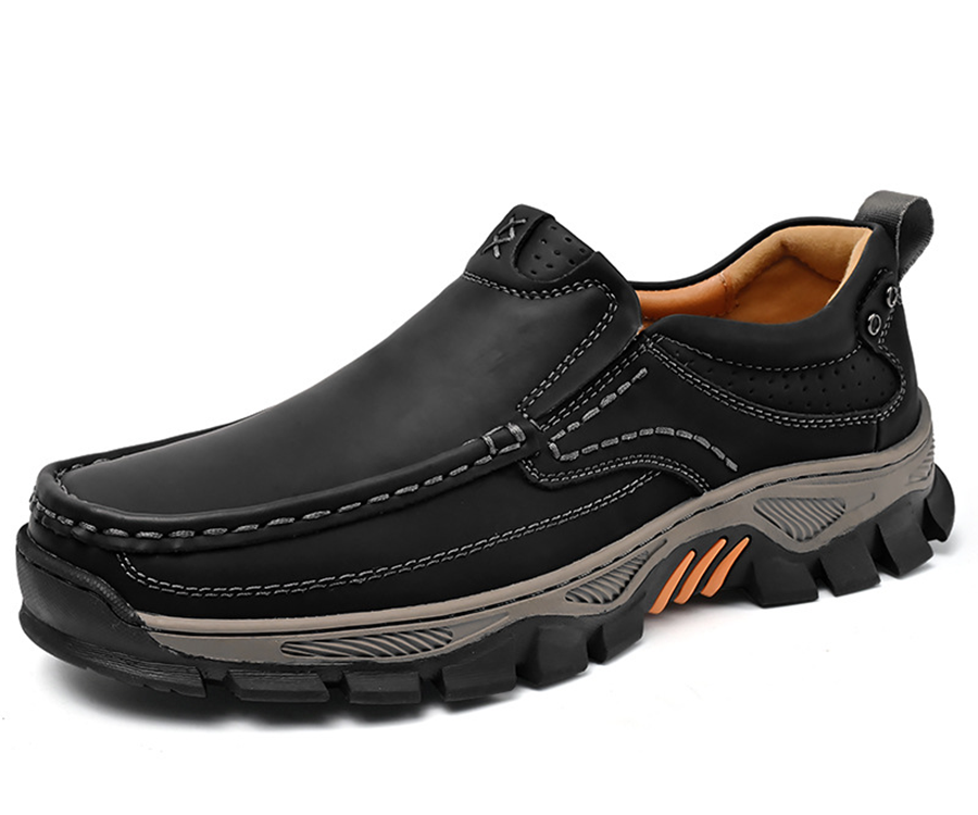 Men's black slip-on rugged-sole leather shoes, style 3259