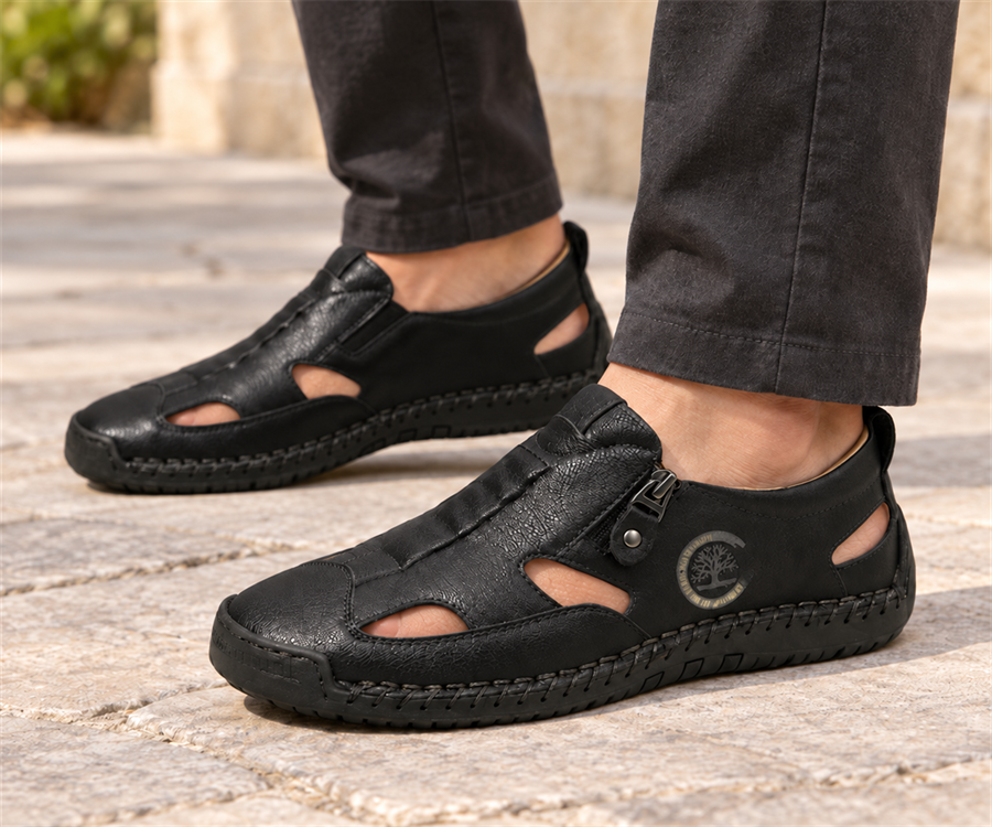 Male model wearing Black unisex cutout comfort sandals - on-foot styling illustration