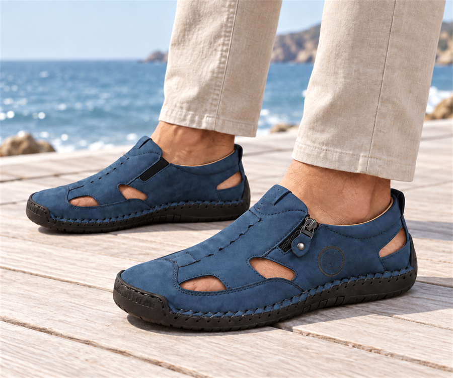 Male model wearing Dark Blue unisex cutout comfort sandals - on-foot styling illustration