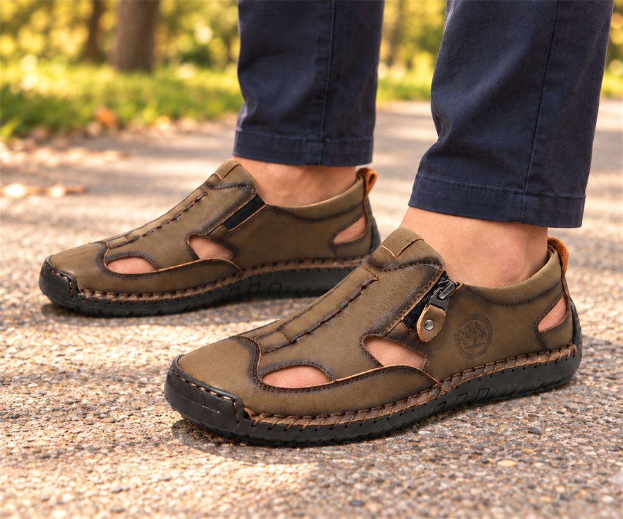 Male model wearing Khaki unisex cutout comfort sandals - on-foot styling illustration