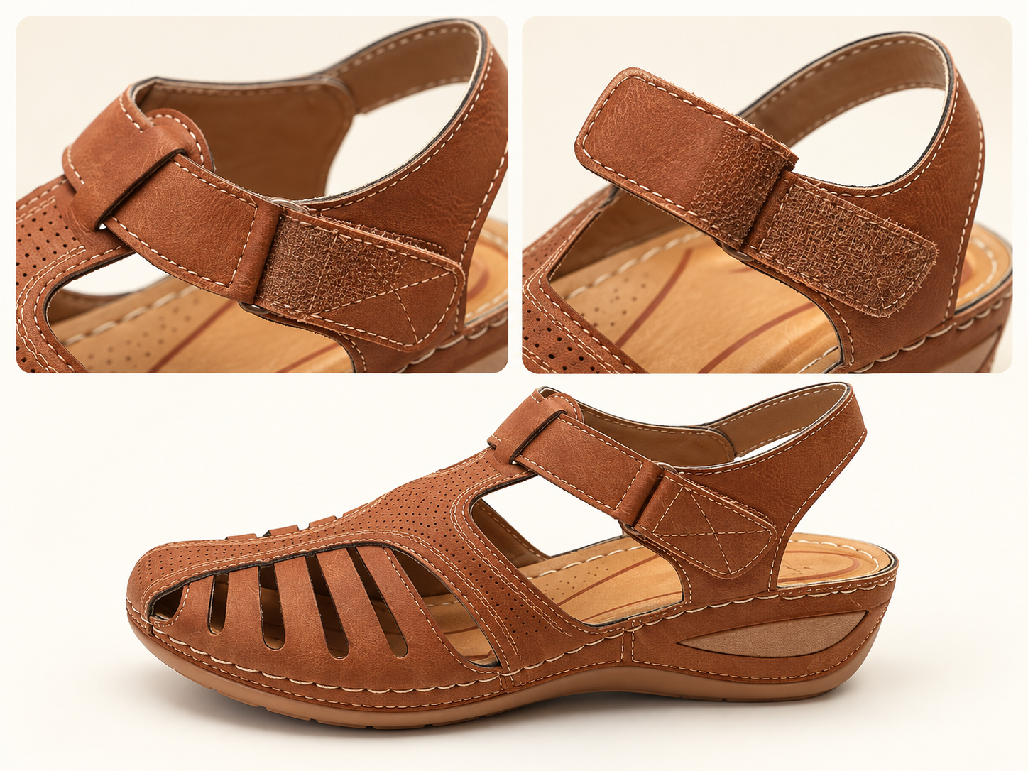 Illustrated close-up of the adjustable strap and low wedge on the brown cutout sandal