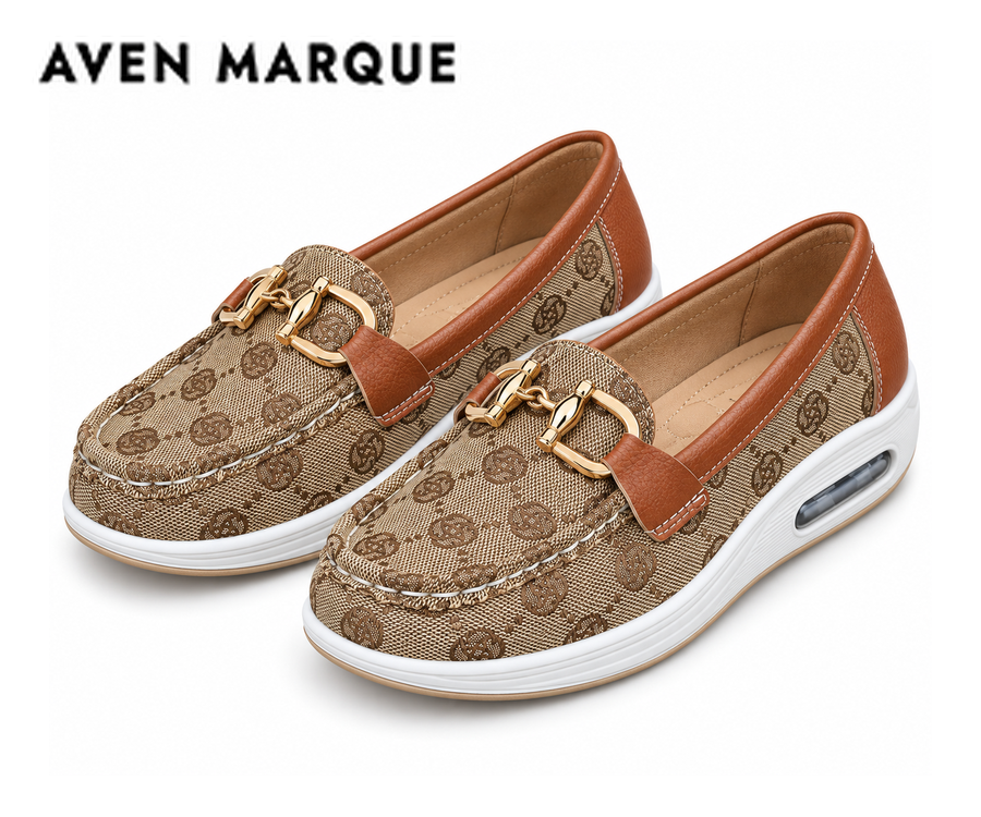Women's brown patterned air-cushion walking loafers