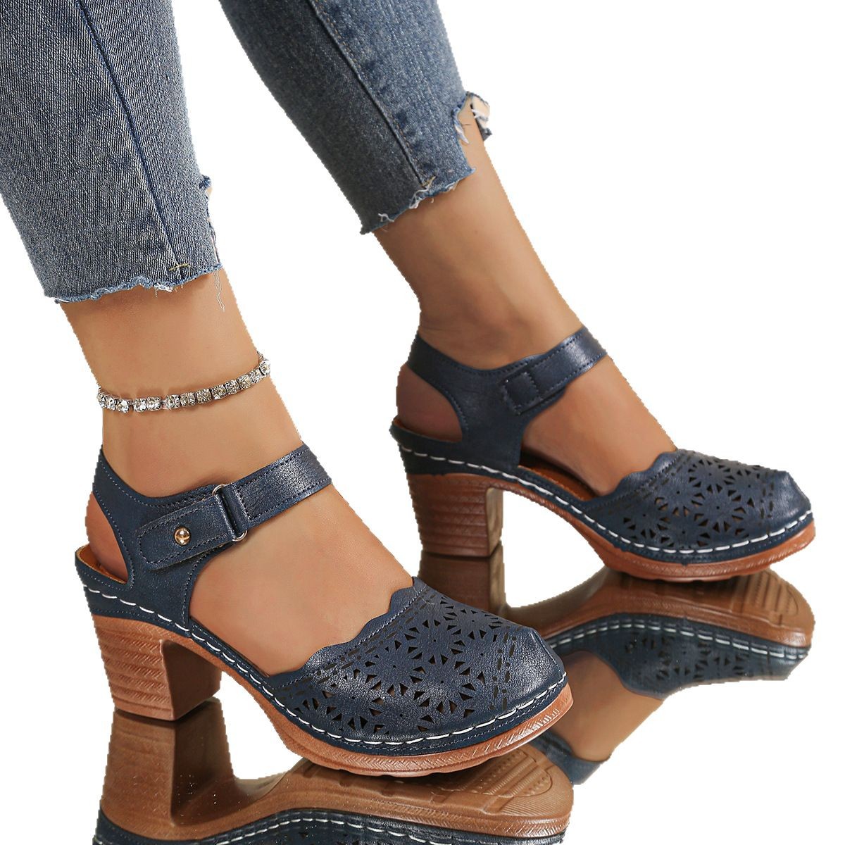 Blue perforated block heel sandal side view