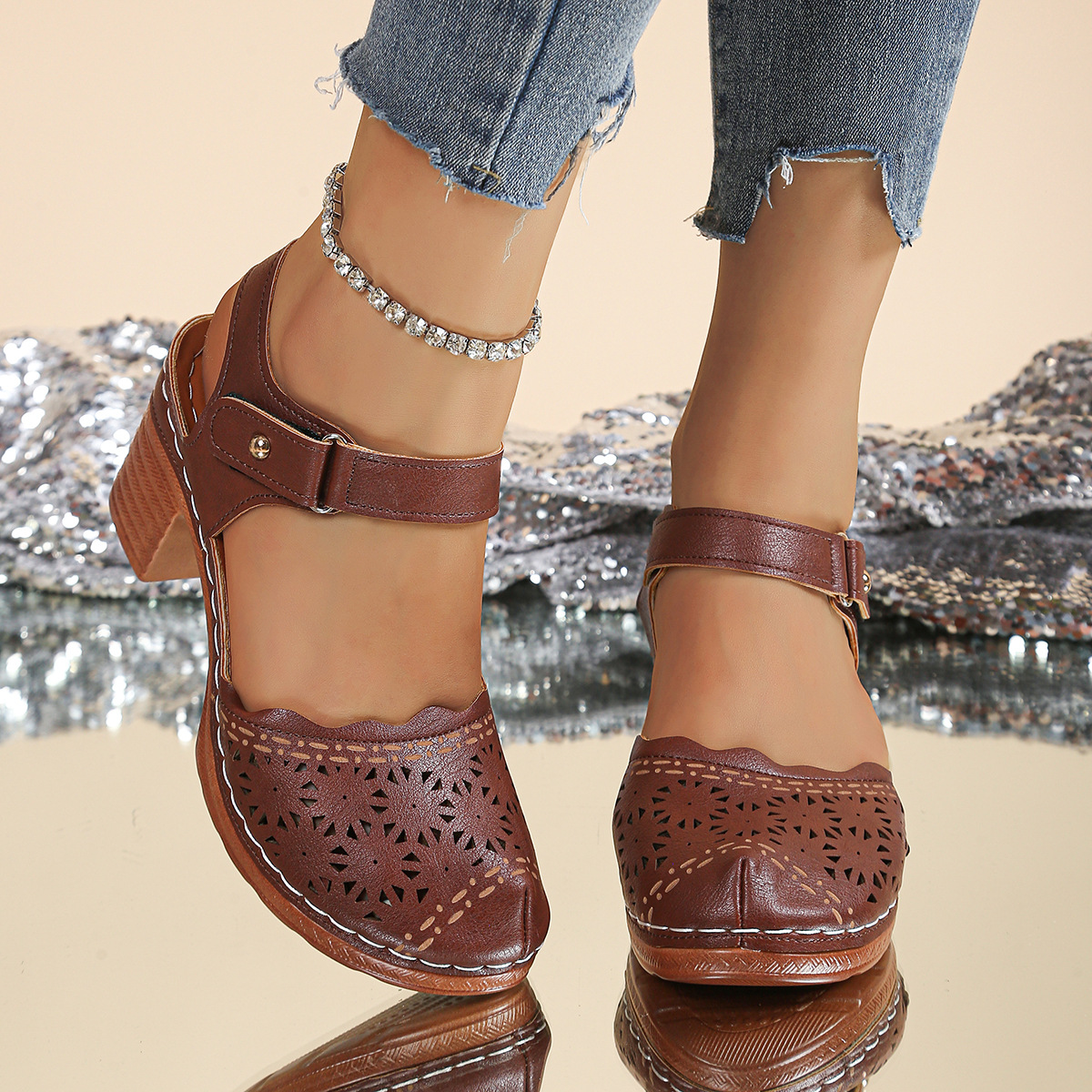 Brown perforated closed-toe ankle-strap block heel sandals