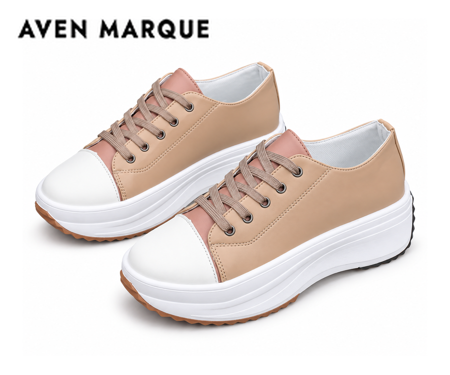Women's khaki leather lace-up platform sneakers