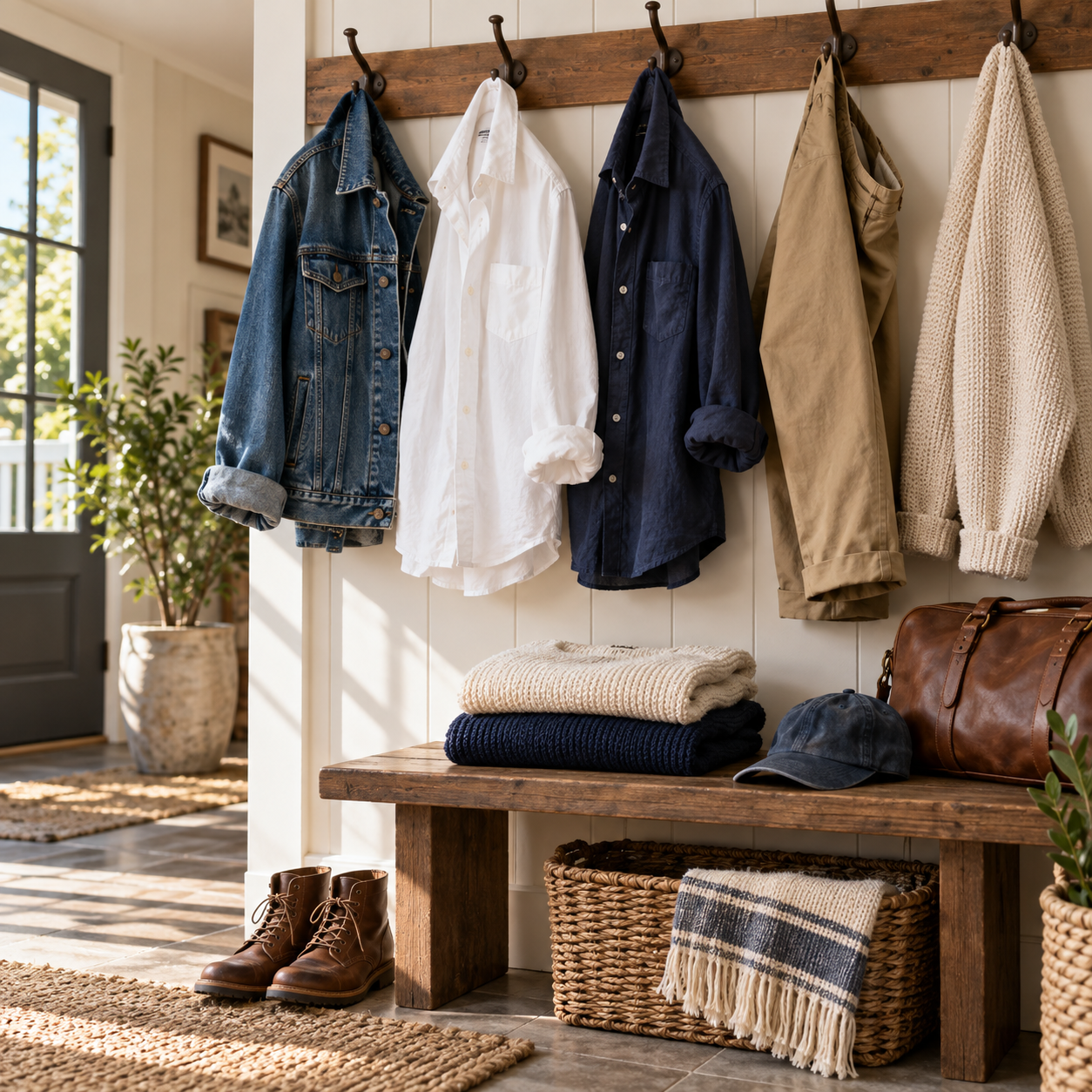 Casual denim and cotton clothing in a home