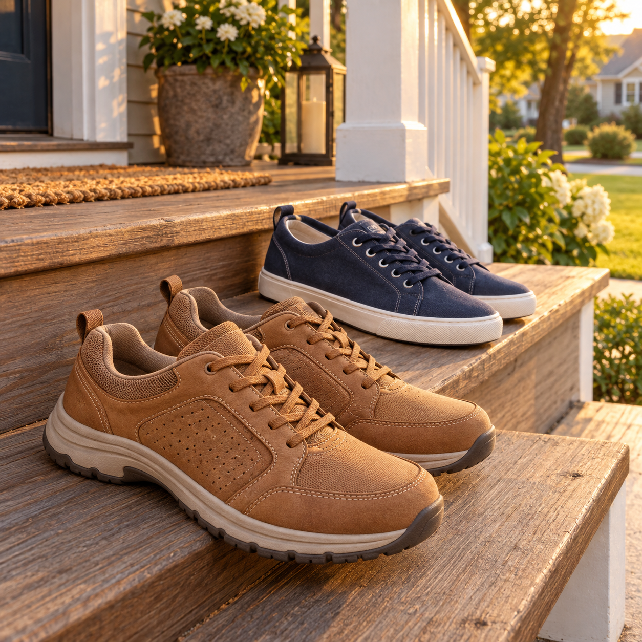 Casual walking shoes on a porch