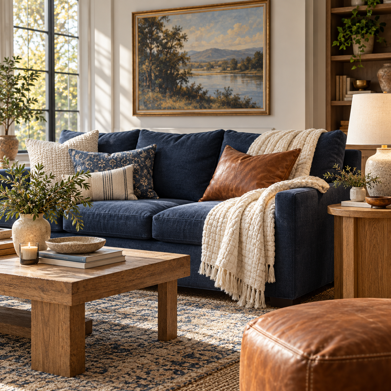 Comfortable navy and cream living room