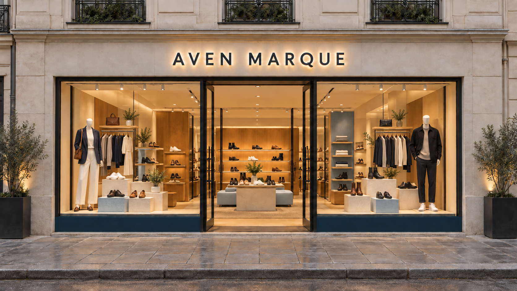 AVEN MARQUE boutique storefront with footwear and apparel displays