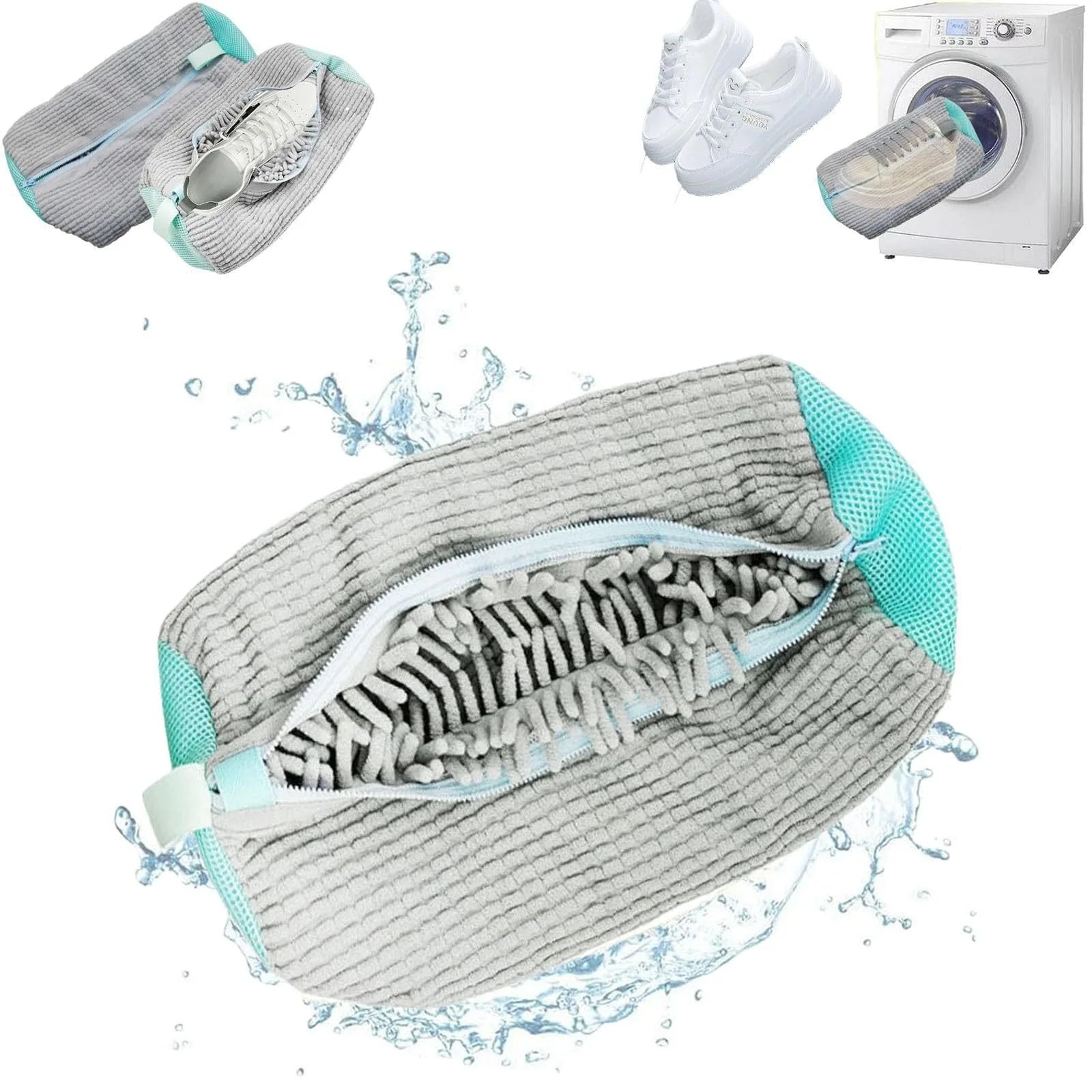 Shoes inside a chenille washing bag