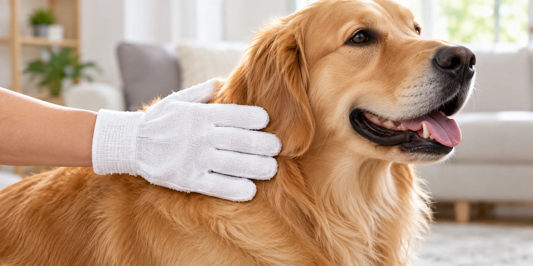 Pet owner gently wiping a dog's coat with a cleaning glove
