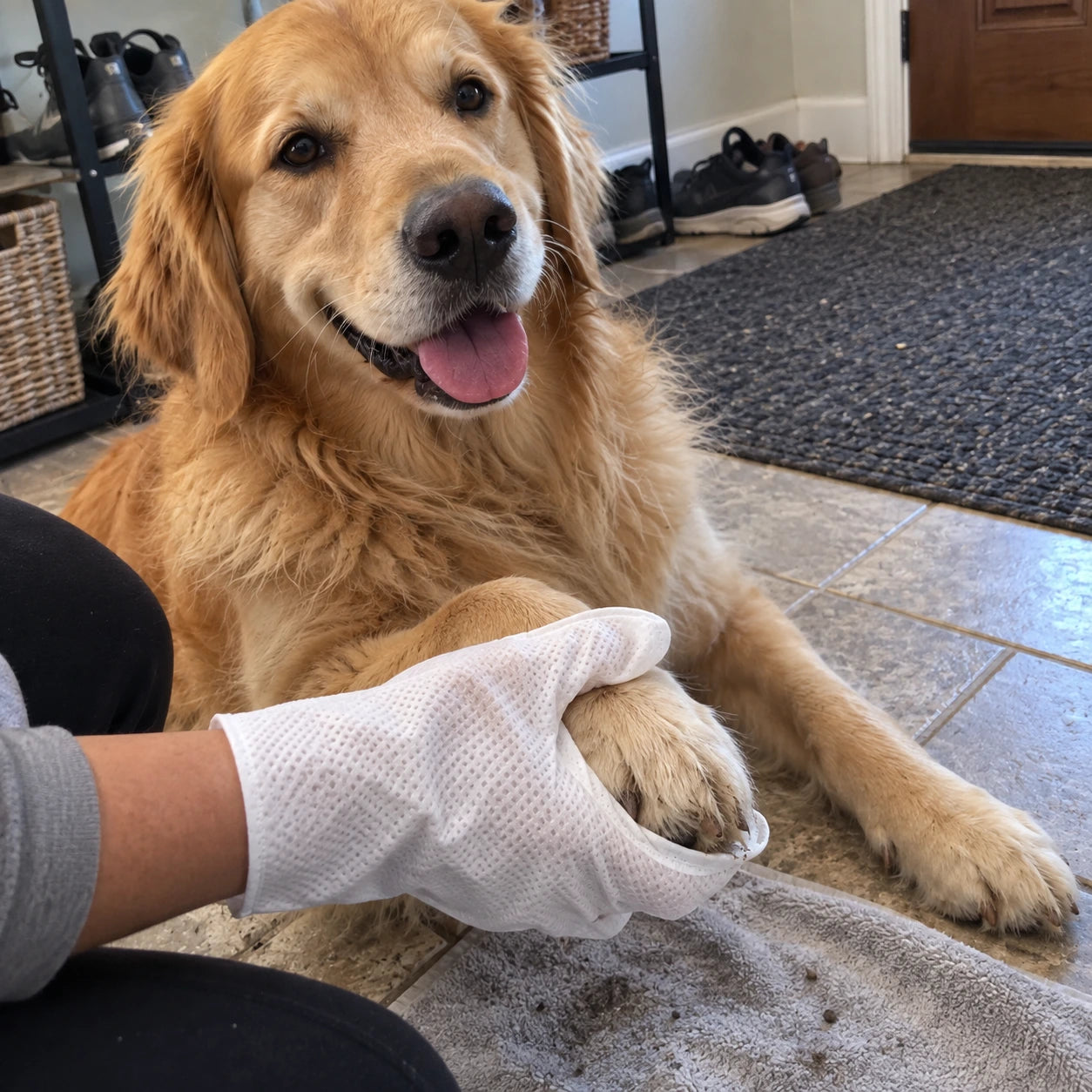 Pet cleaning glove used gently on a cat's coat