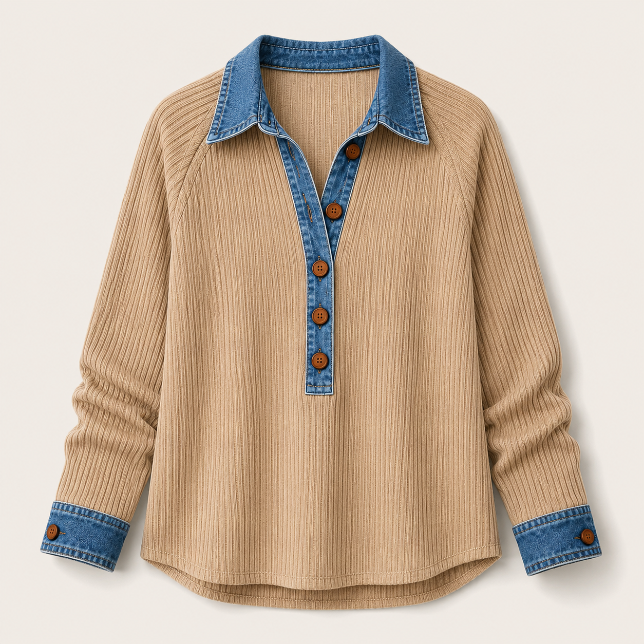 Denim-Trim Ribbed Knit Henley Top