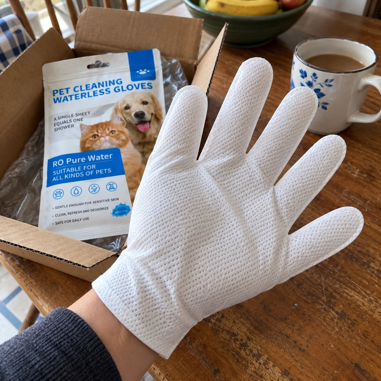 Pet owner using a cleaning glove on a dog's paw