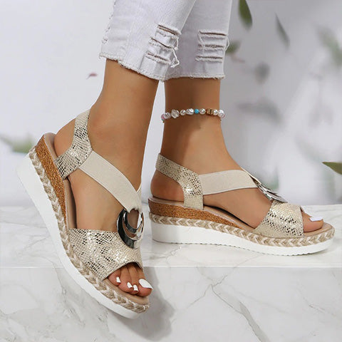 Women's Ring-Detail Open-Toe Wedge Sandals — Gold wedges close-up