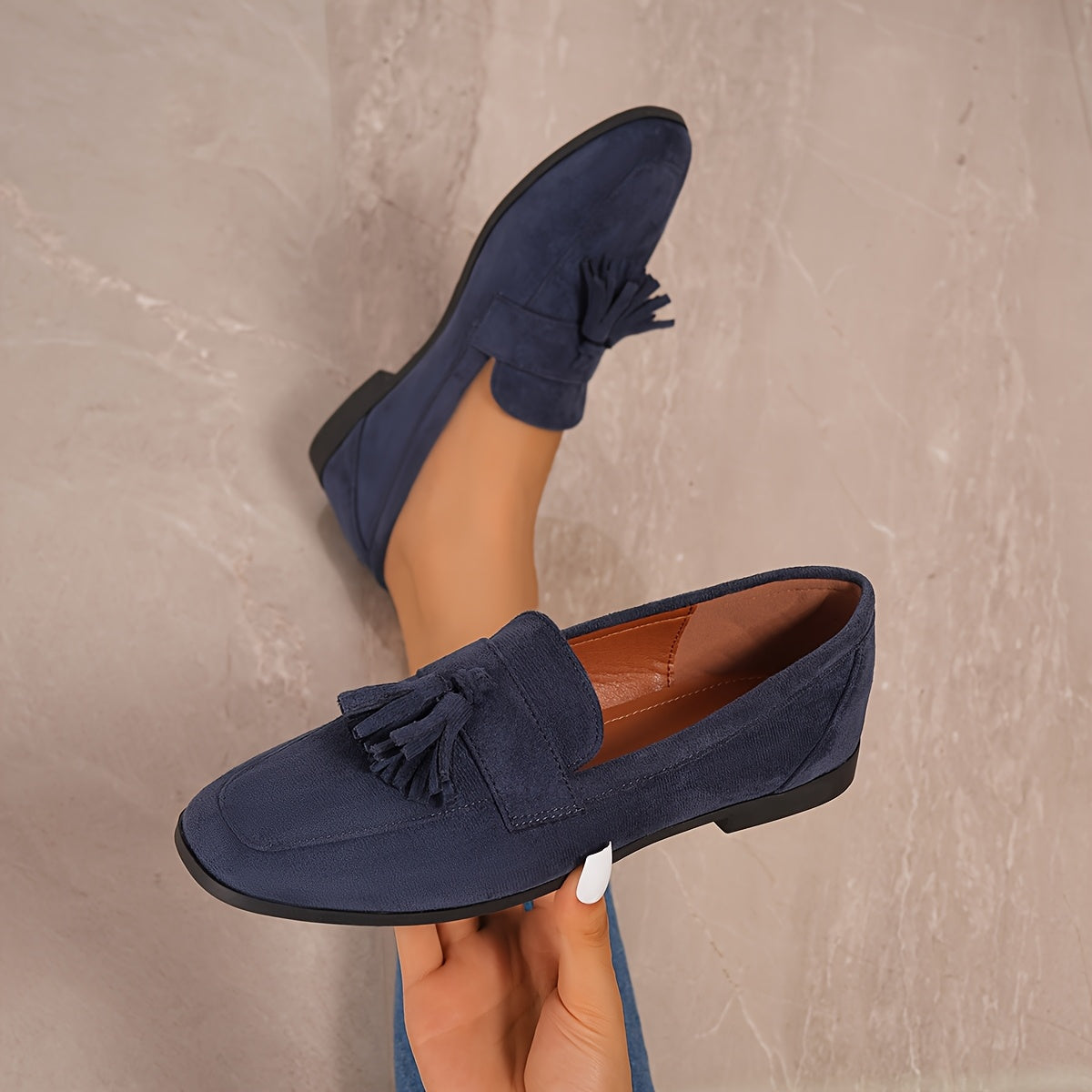Lorae Women's Suede-Look Tassel Loafers — Navy loafer side view