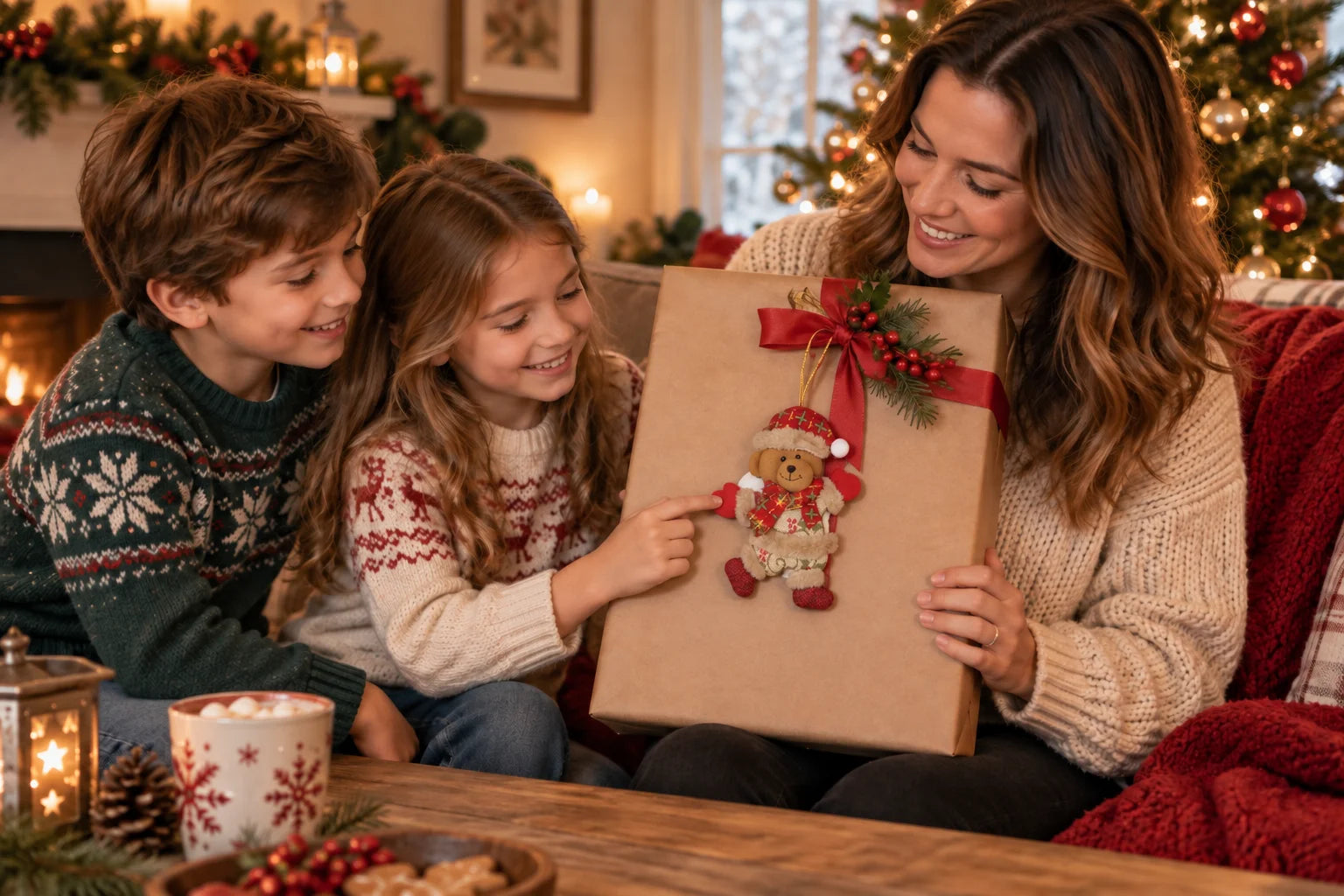 Illustrative Christmas scene: two smiling children and their mother enjoying a gift decorated with a little bear ornament