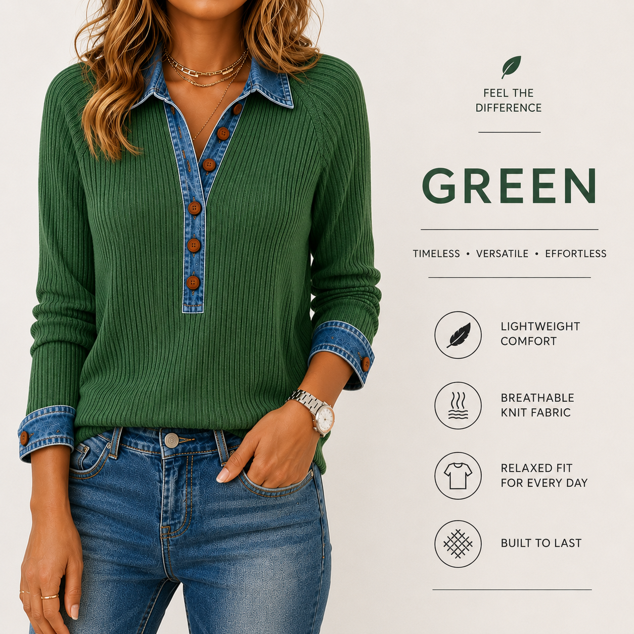 Denim-Trim Ribbed Knit Henley Top