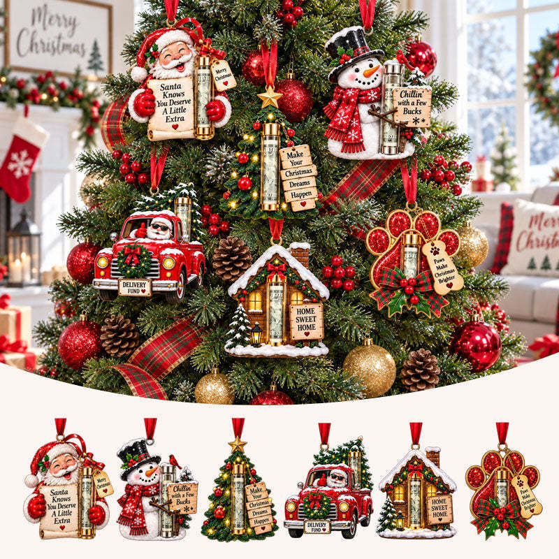 Christmas tree cash holder ornament in a holiday setting
