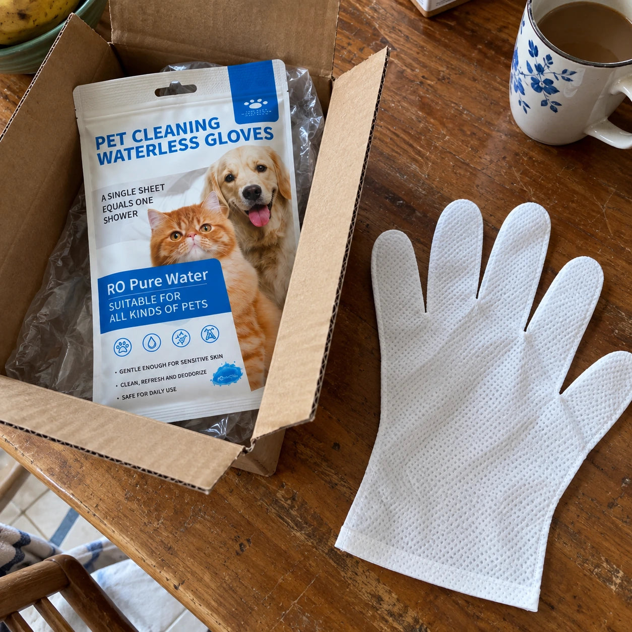 Cleaning glove and pouch ready for use at home