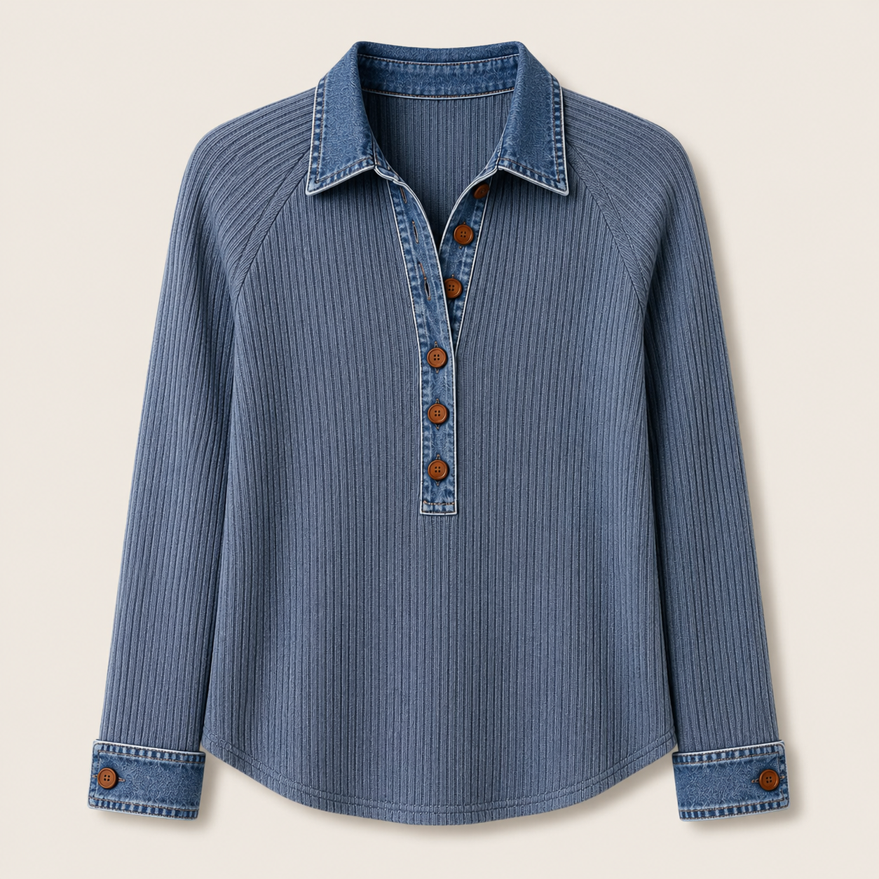 Denim-Trim Ribbed Knit Henley Top