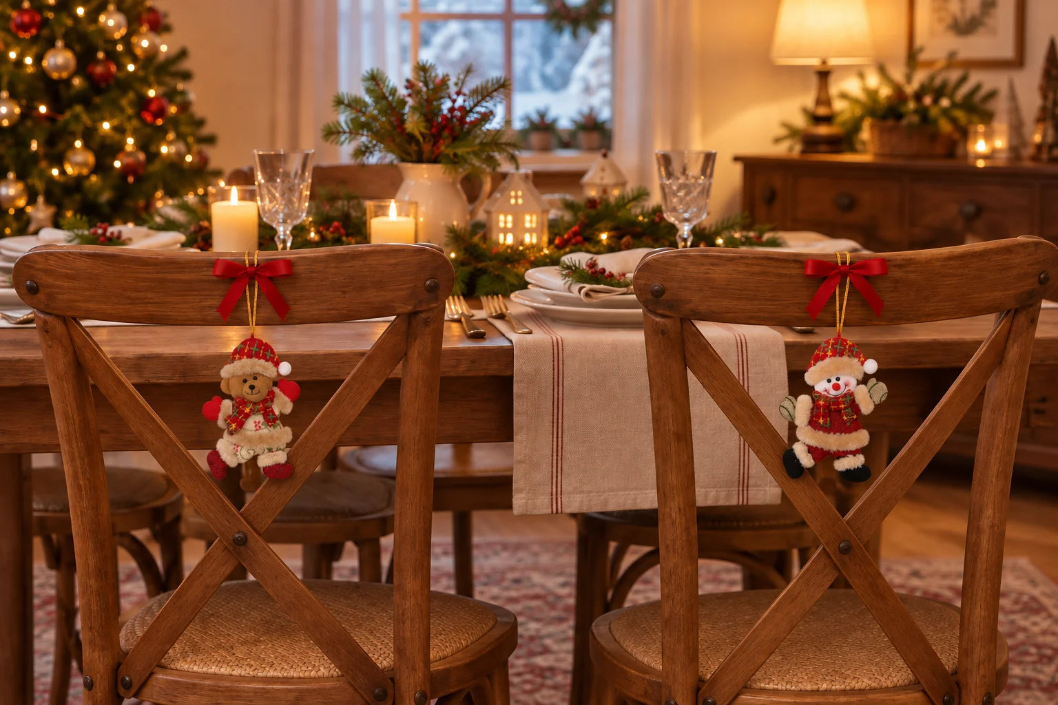 Christmas inspiration: Bear and Snowman ornaments hanging from dining chair backs at a cozy family table