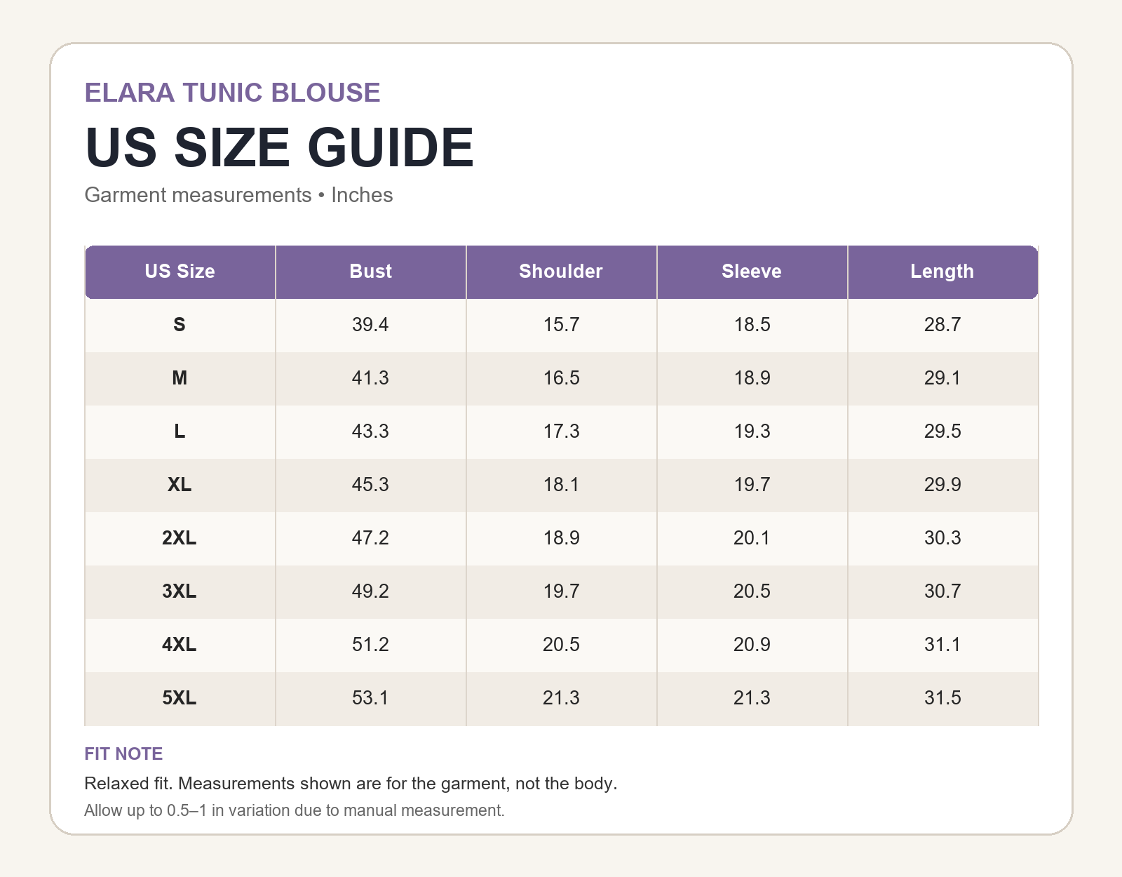 US size guide in inches for the Elara tunic blouse